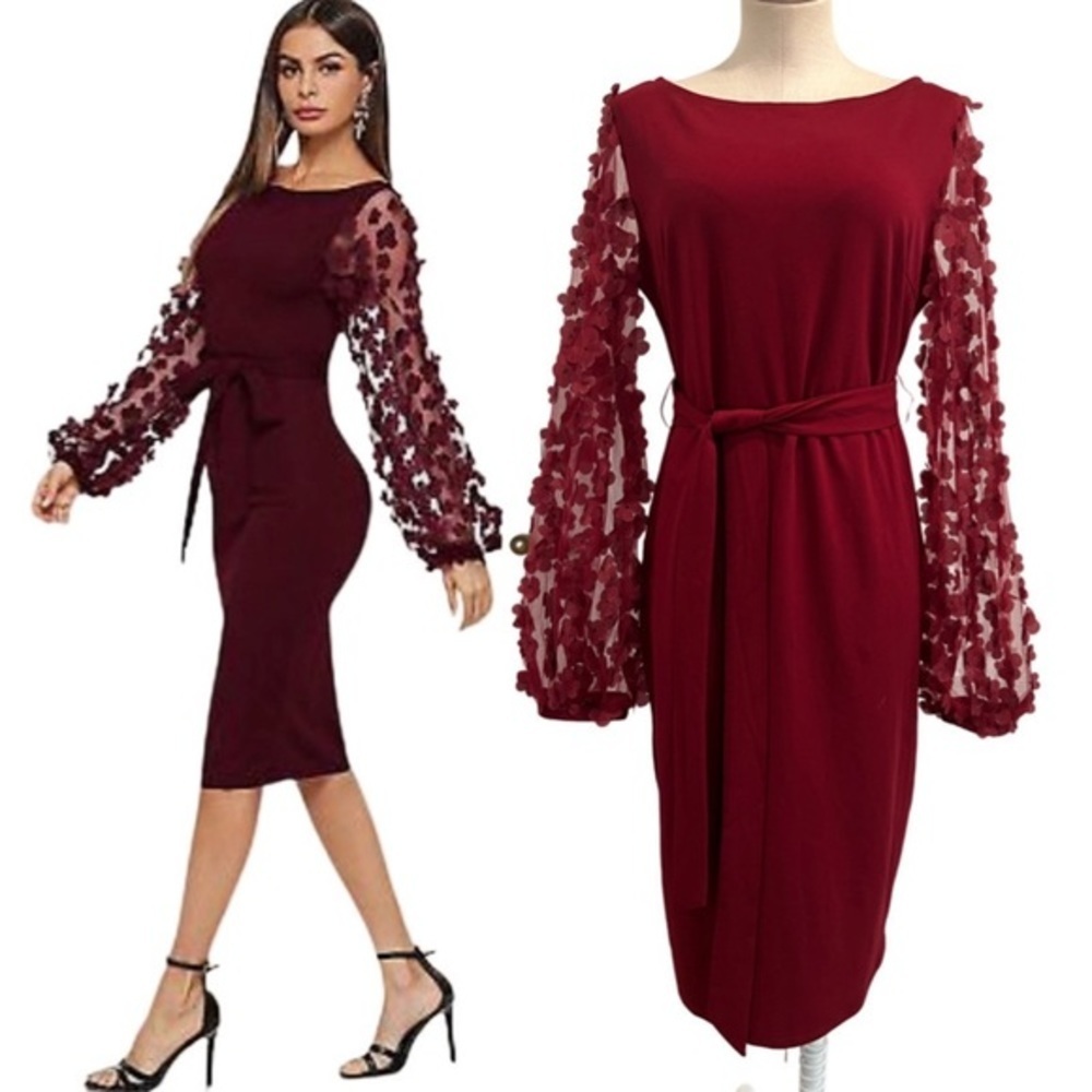 Shein Wine Color Midi Belted Long Sheer Sleeves with Flowers Appliqués
